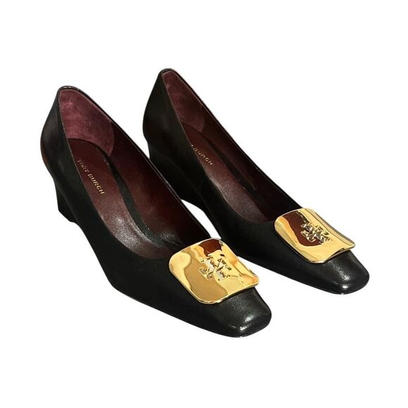 New Tory Burch Shoes 5.5 Georgia Wedge Heels Black Logo Medallion w/ Box $378 - Picture 1 of 4